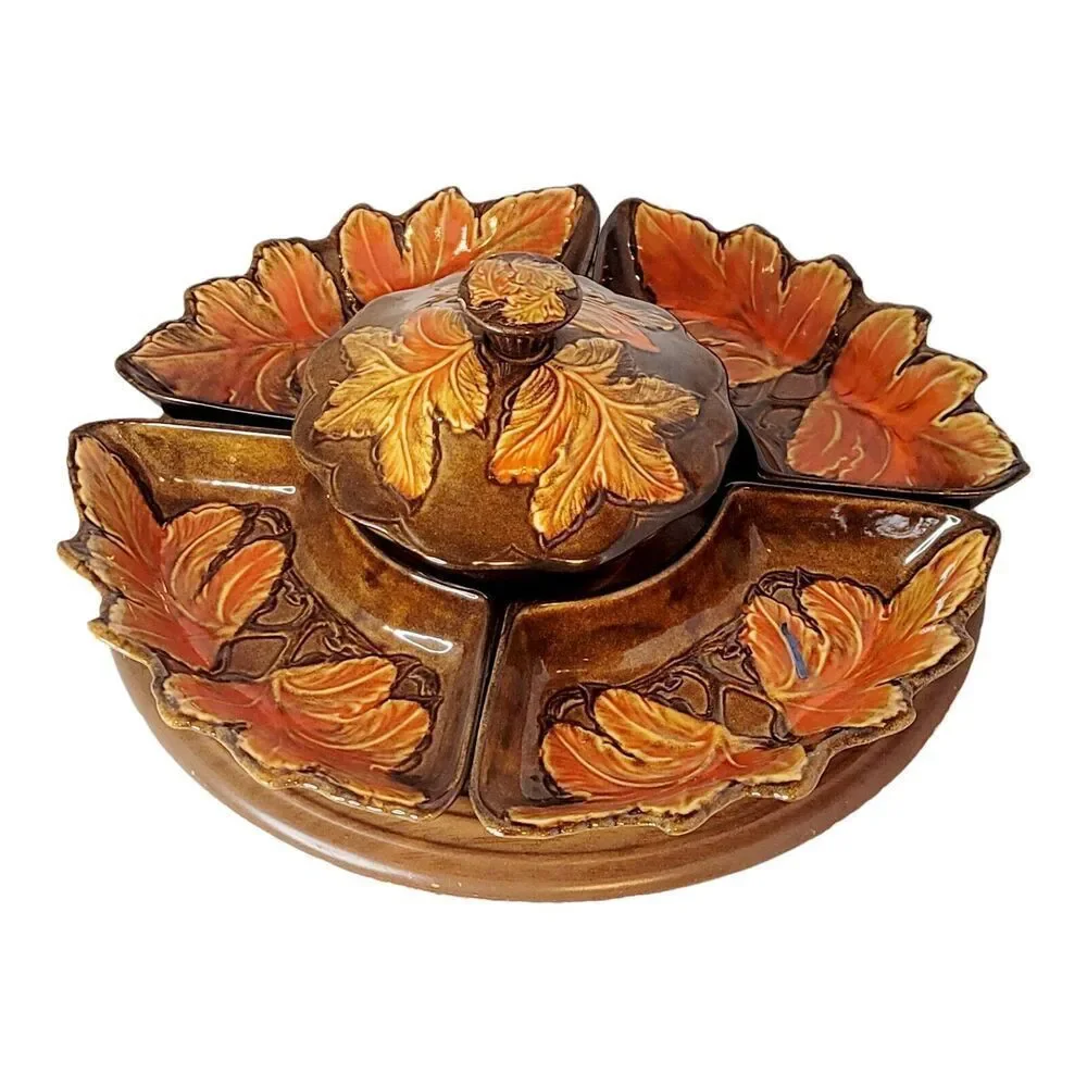 7 Pc Vintage Lazy Susan Fall Themed Red‎ Yellow Leaves Pottery Serving Set USA